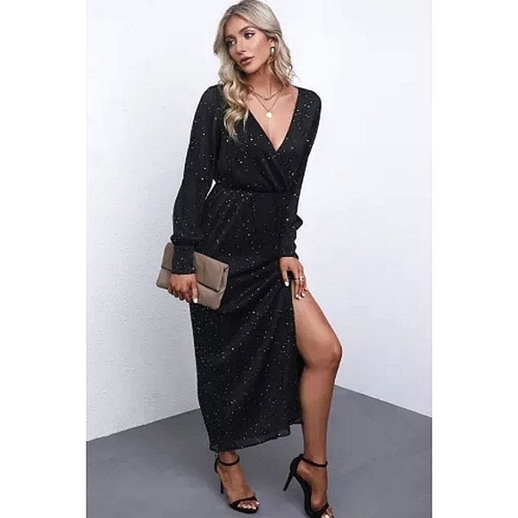 LAST ONE!! Plus Size ADRIANA Gold Sparkle Maxi Dress With Long Sleeves - Picture 7 of 9